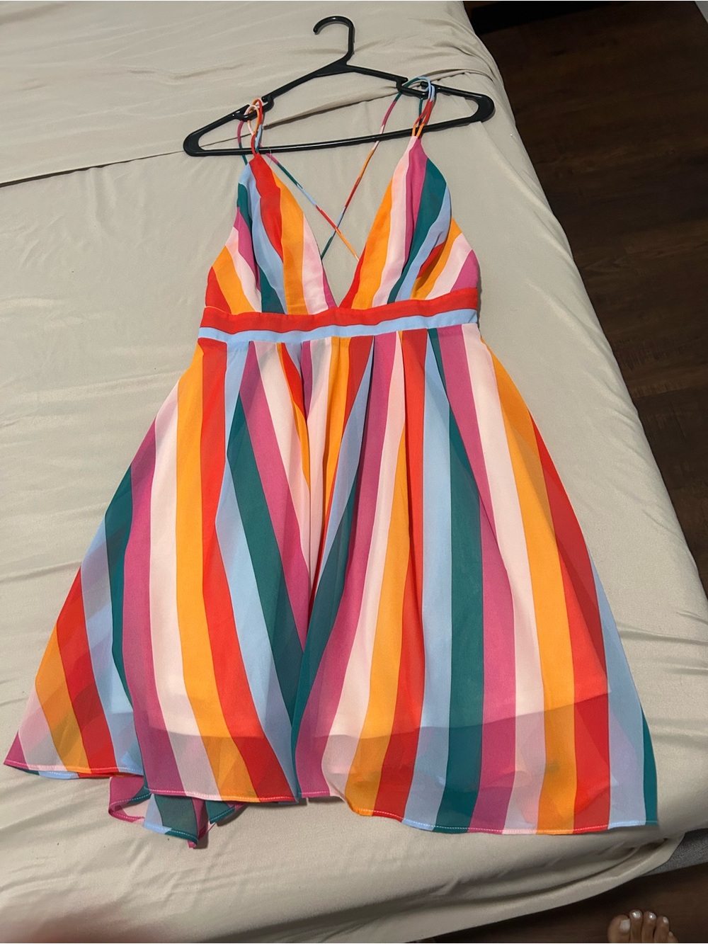 essue Multicolor Rainbow Stripe Spaghetti Strap Dress